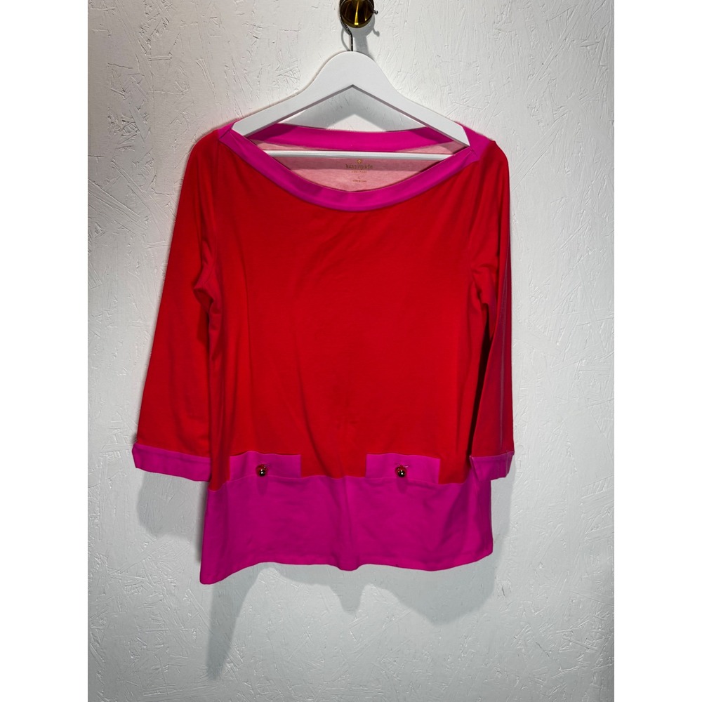 Kate‎ Spade New York Red Hot Pink Colorblock Boat Neck 3/4 Sleeve Top Large